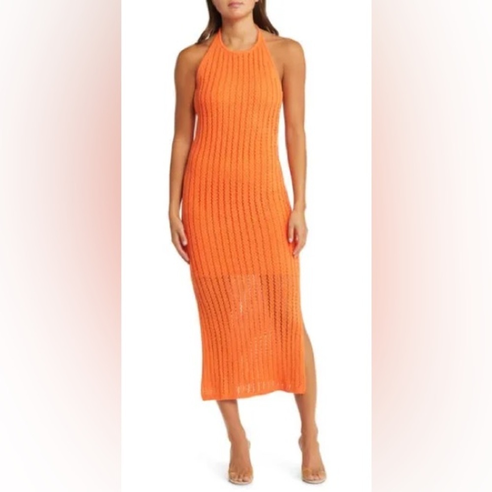 Sophie Rue Orange Knitted Halter Neck MIDI Dress Size Small